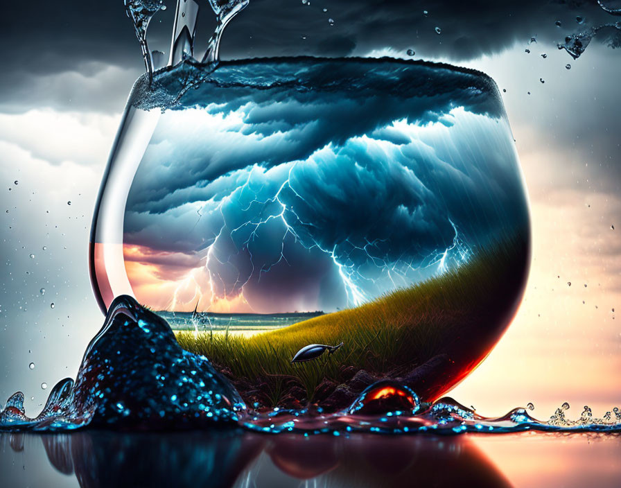 Surreal storm scene in a glass with water spill and dark clouds