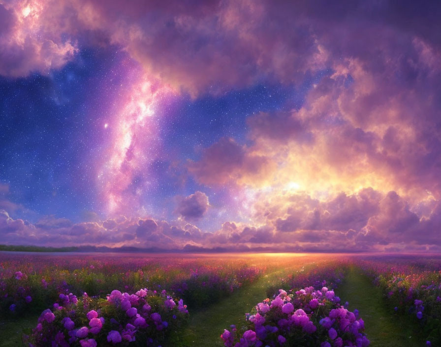 Lavender Fields Sunset Sky with Milky Way and Purple Clouds