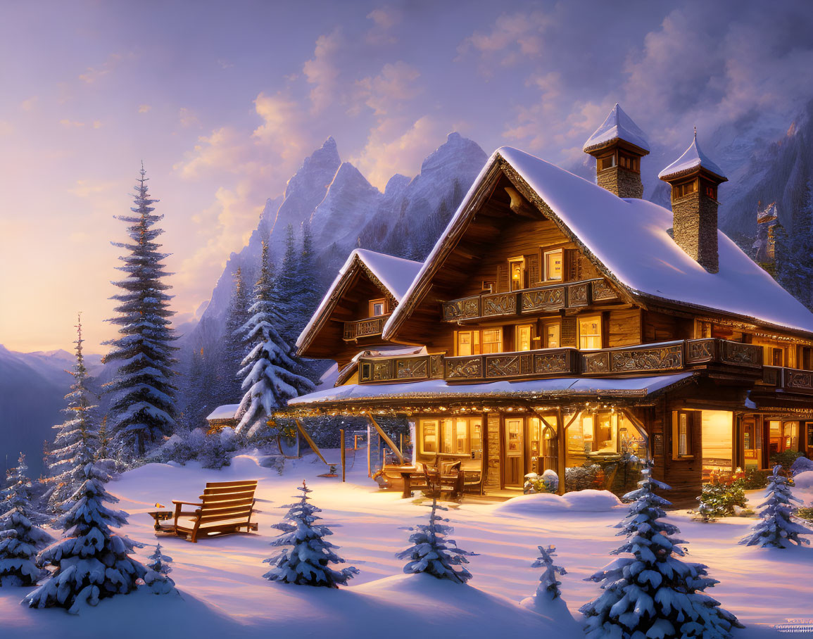 Snowy Landscape: Cozy Wooden Chalet in Mountain Setting