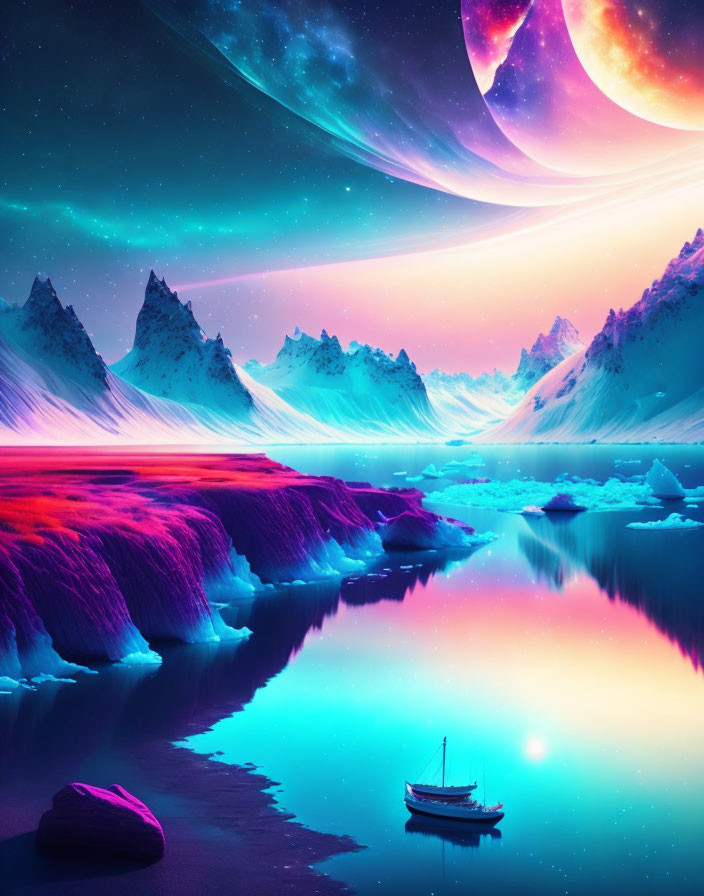 Fantasy landscape with luminescent rivers, boat, icy mountains, and dramatic sky