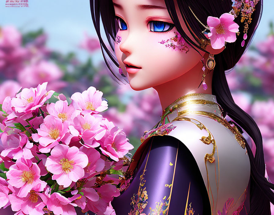 Traditional attire animated character with large blue eyes admiring pink blossoms on floral backdrop