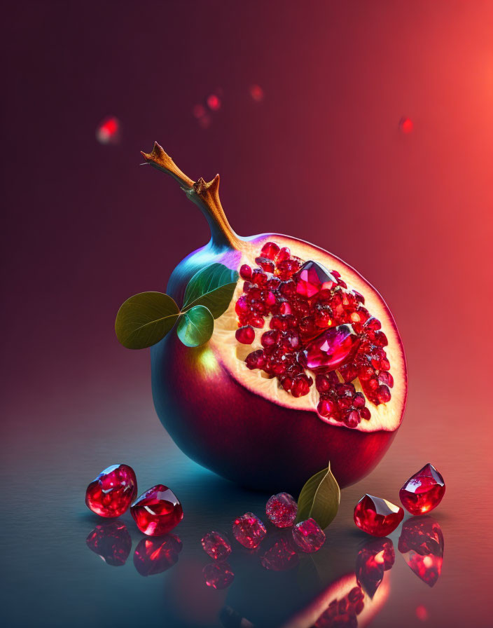 Shiny ruby-like pomegranate seeds on reflective surface with red background