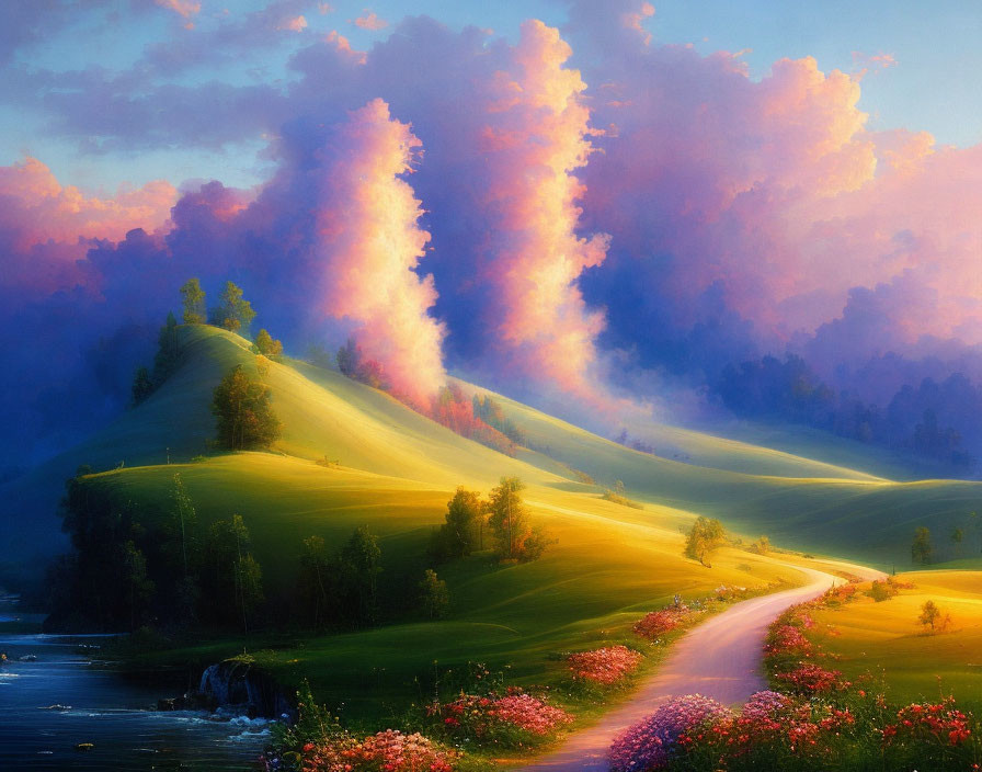 Scenic landscape painting of green hills, river, and pink skies