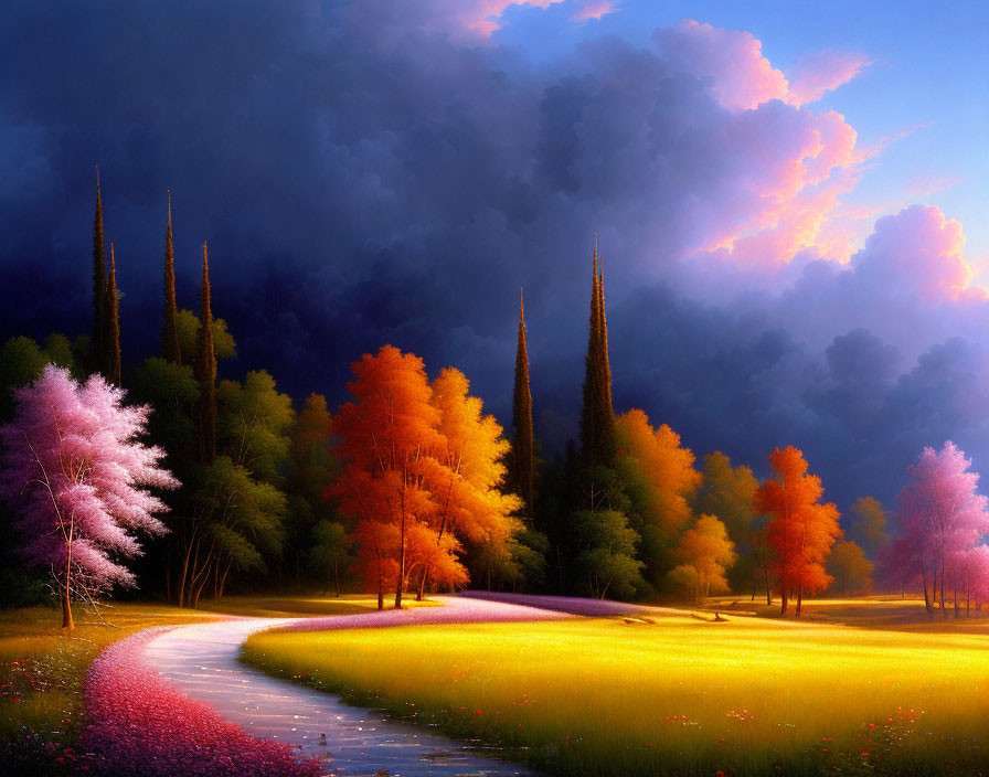 Colorful Autumn Trees Landscape with Winding Path under Dramatic Cloudy Sky