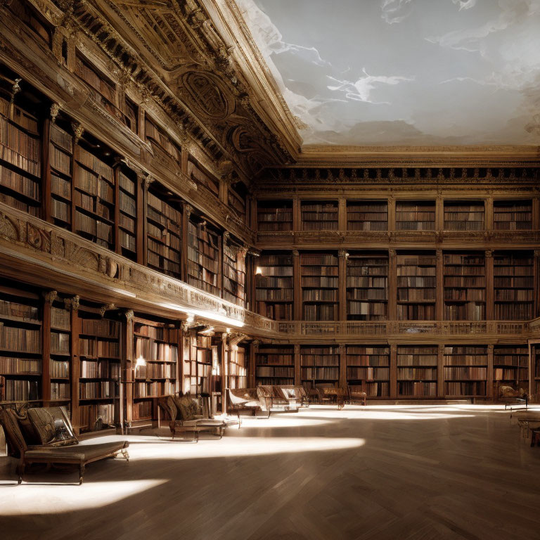 Grand Library with Wooden Bookshelves and Ornate Ceilings