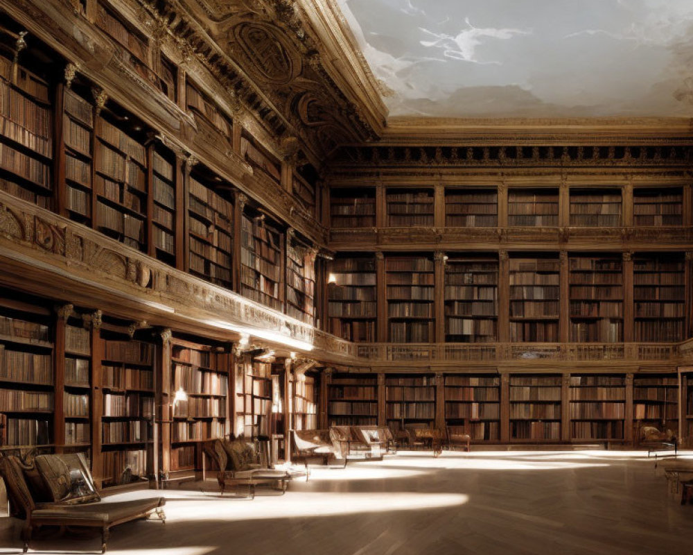 Grand Library with Wooden Bookshelves and Ornate Ceilings