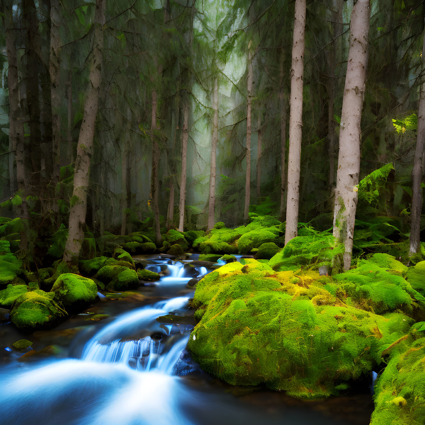 Tranquil forest landscape with stream, moss-covered rocks, and tall trees