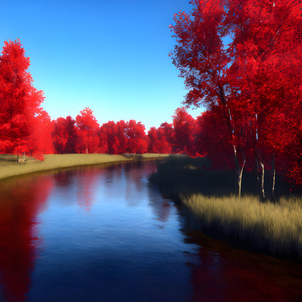 Tranquil river with red trees and blue sky