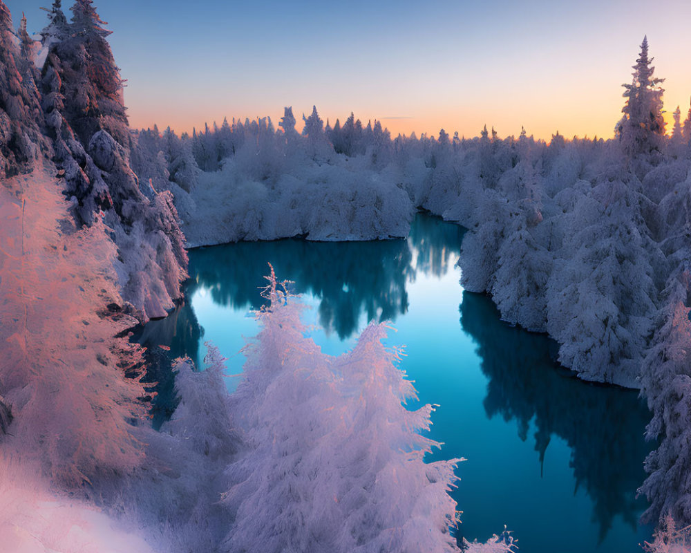 Snow-covered trees and tranquil lake in serene winter landscape