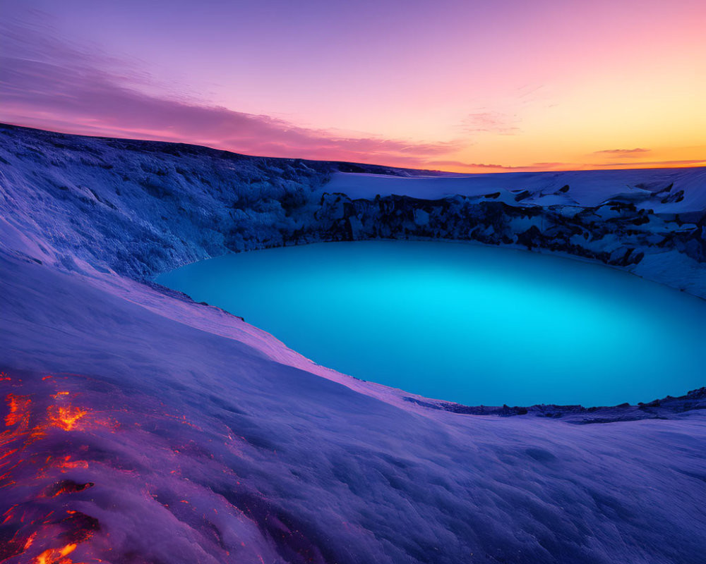 Vibrant contrast: lava flow, icy crater lake, gradient sky