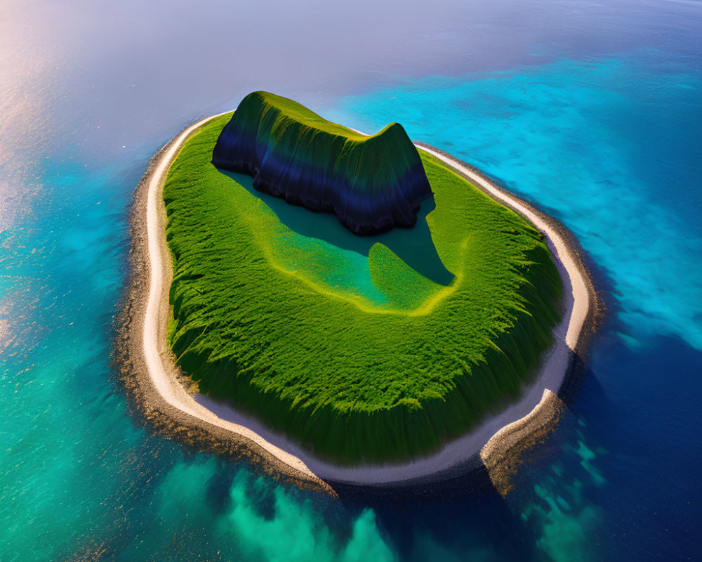 Tranquil tropical island with lush green hill, white sand beach, and blue ocean waters