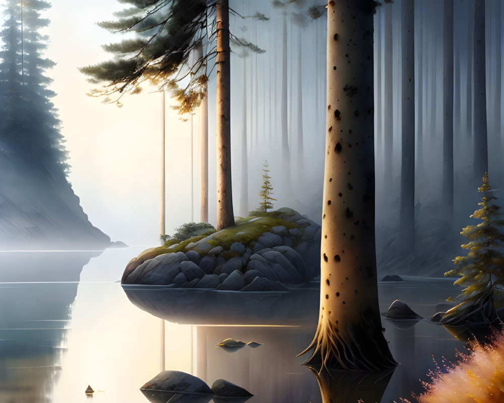 Tranquil forest lake with tall trees and sunbeams