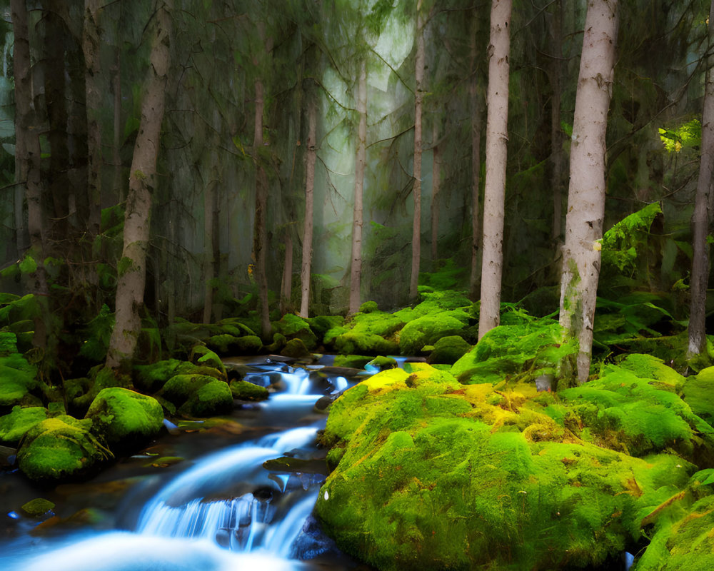 Tranquil forest landscape with stream, moss-covered rocks, and tall trees