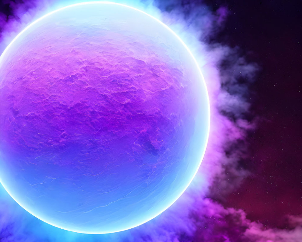 Colorful digital artwork: Purple planet with glowing blue atmosphere in cosmic setting