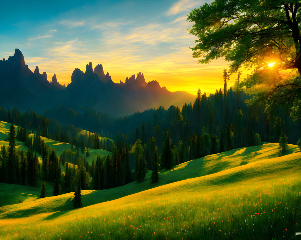 Scenic sunrise landscape with meadow, tree, and mountains