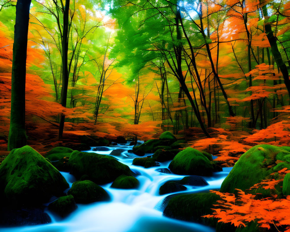 Scenic autumn forest with blue stream and colorful foliage