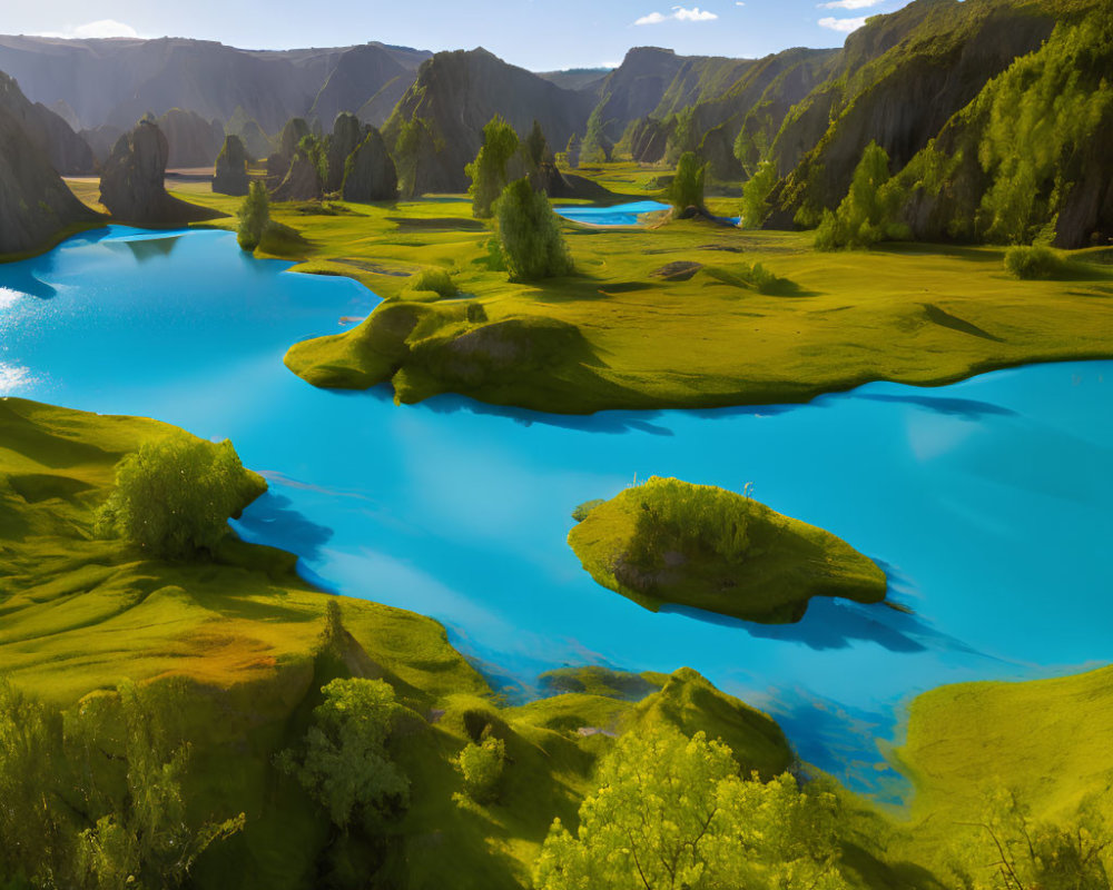 Scenic landscape with winding blue rivers and lush green hills