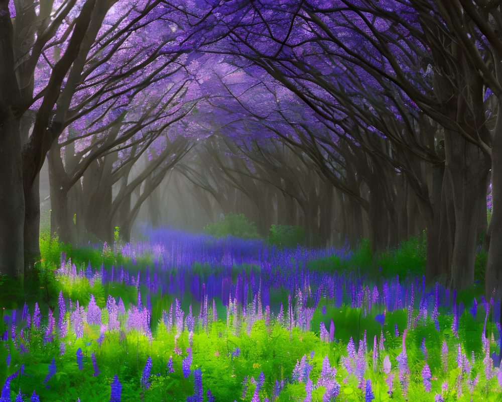 Mystical tree tunnel with purple blossoms and carpet of blue flowers