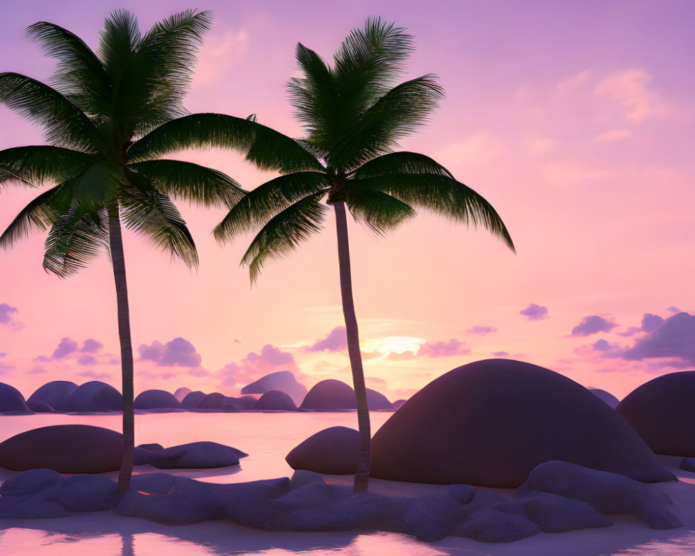 Tranquil shore with palm trees at sunset over calm sea