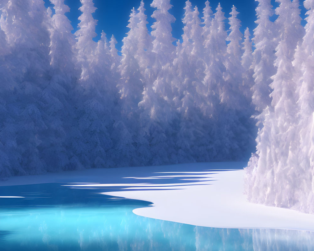 Snow-covered Evergreen Trees and Frozen Lake in Serene Winter Landscape