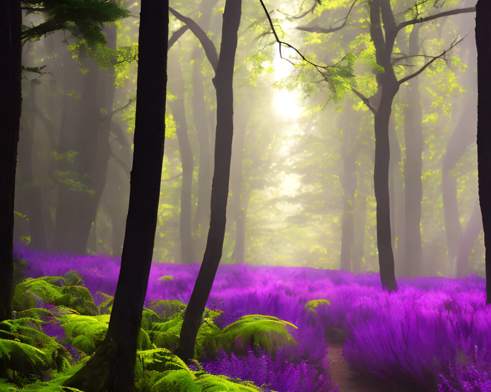 Misty forest path with purple flora and green ferns