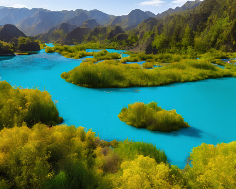 Scenic blue river amidst lush greenery and rolling hills