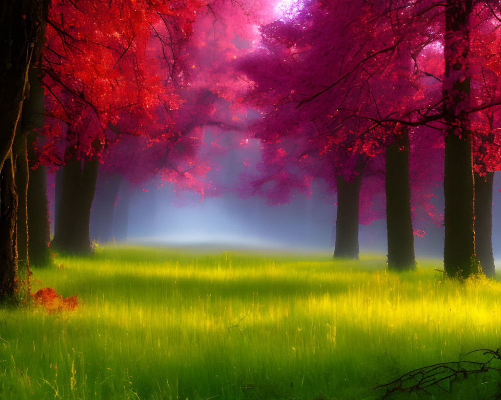 Mystical forest with pink foliage, glowing green grass, and mist