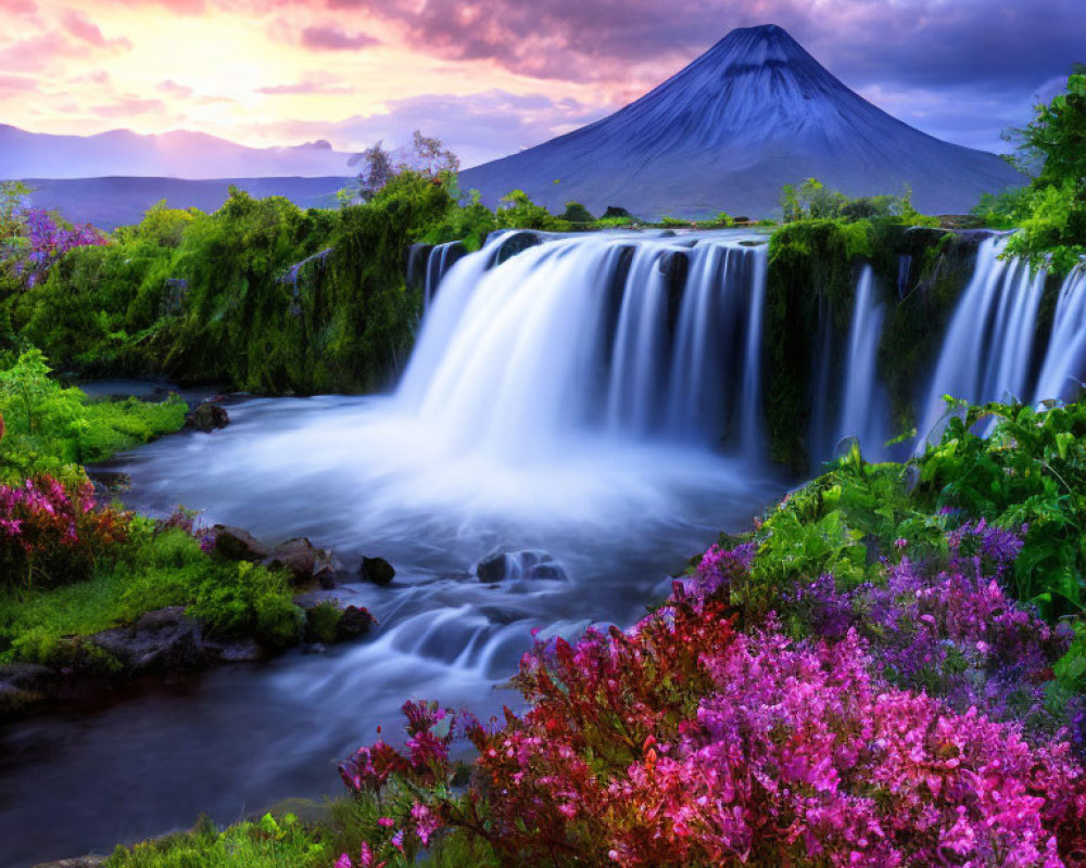 Tranquil waterfall with vibrant flora, mountain, and sunset sky