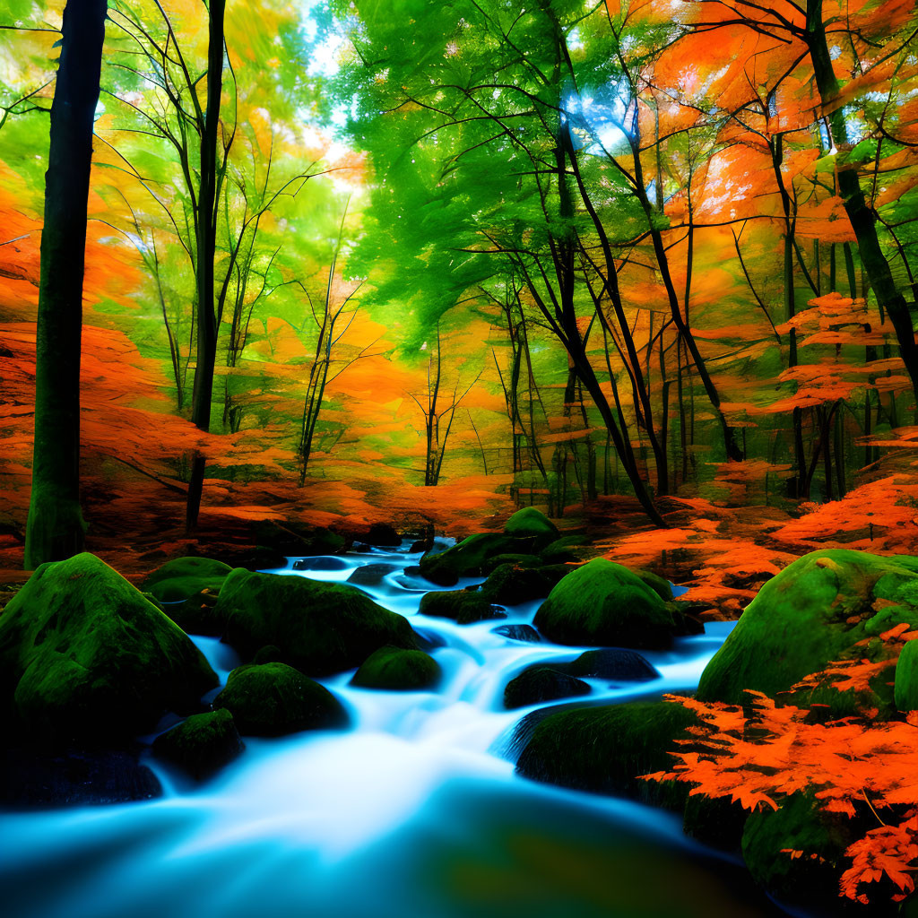 Scenic autumn forest with blue stream and colorful foliage