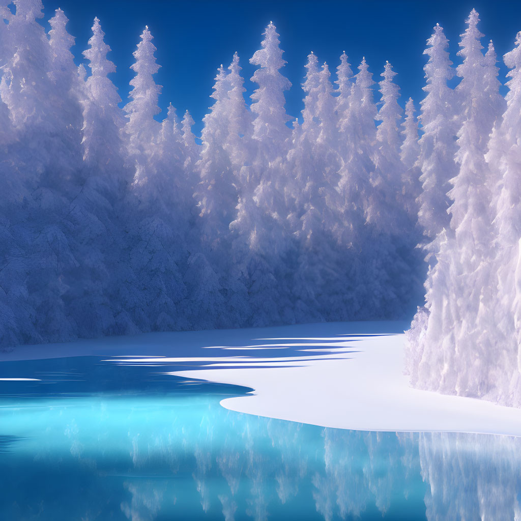 Snow-covered Evergreen Trees and Frozen Lake in Serene Winter Landscape