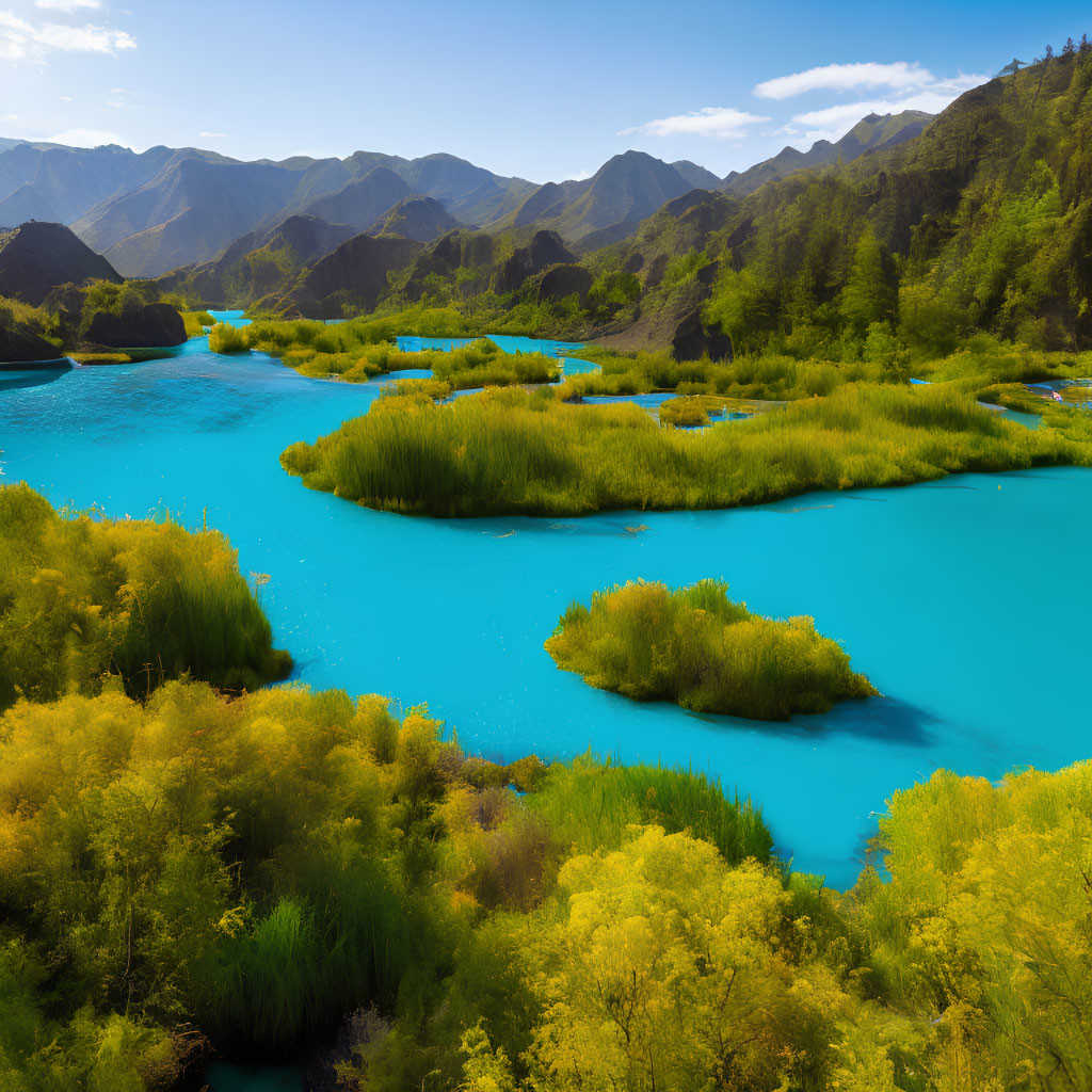 Scenic blue river amidst lush greenery and rolling hills