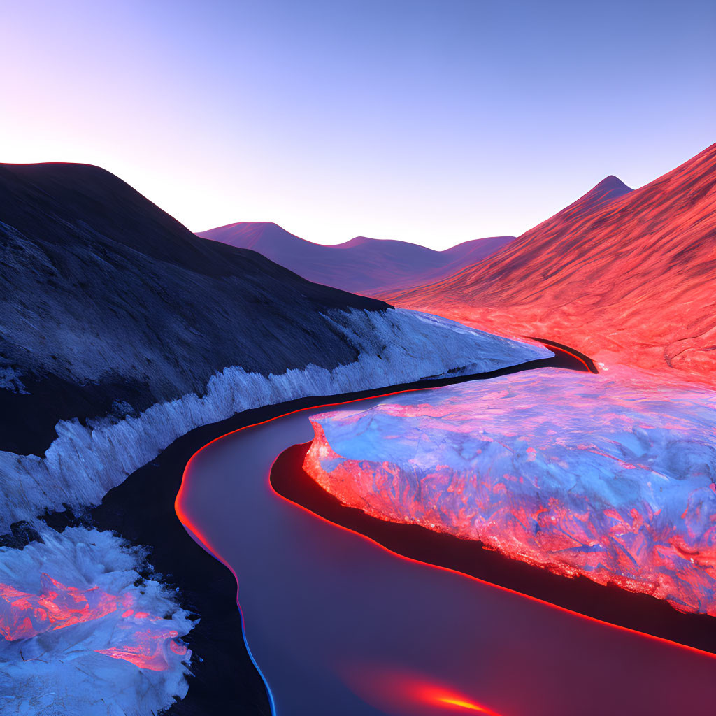 Surreal landscape with lava river in icy terrain