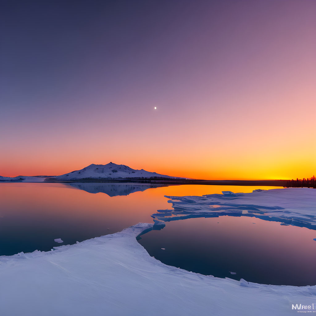 Tranquil twilight sky over icy lake with floating ice chunks