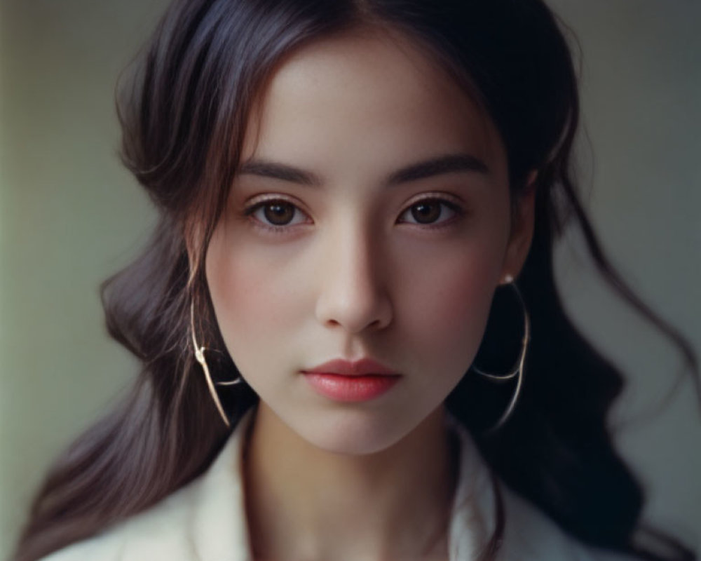 Young woman with dark hair and hoop earrings in close-up portrait.