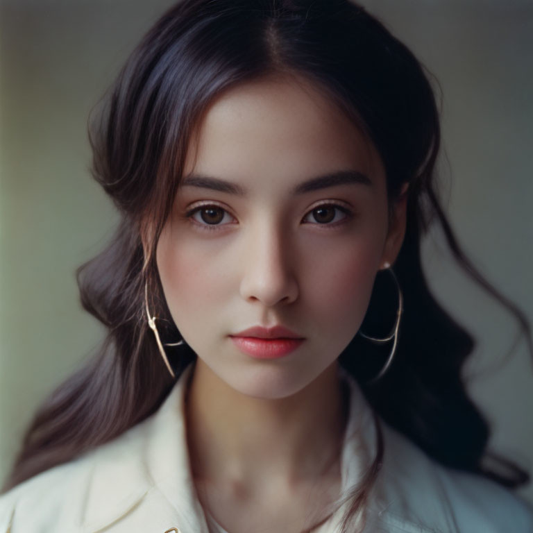 Young woman with dark hair and hoop earrings in close-up portrait.