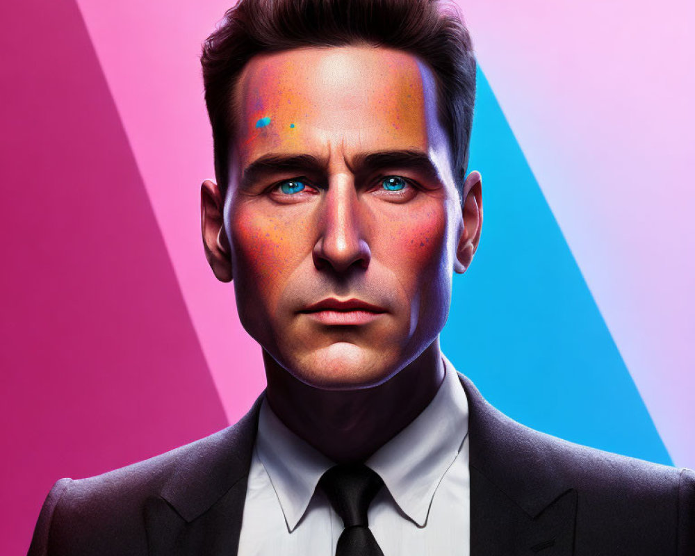 Stylized portrait of a man in suit and tie on split pink and blue background