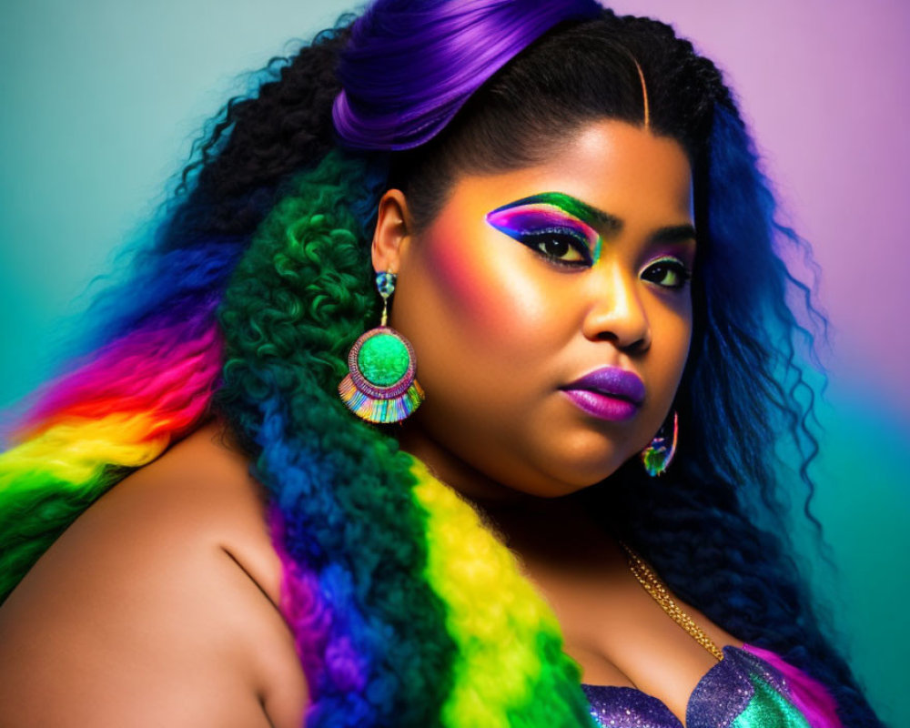 Colorful Woman with Vibrant Rainbow Makeup and Hair on Colorful Background