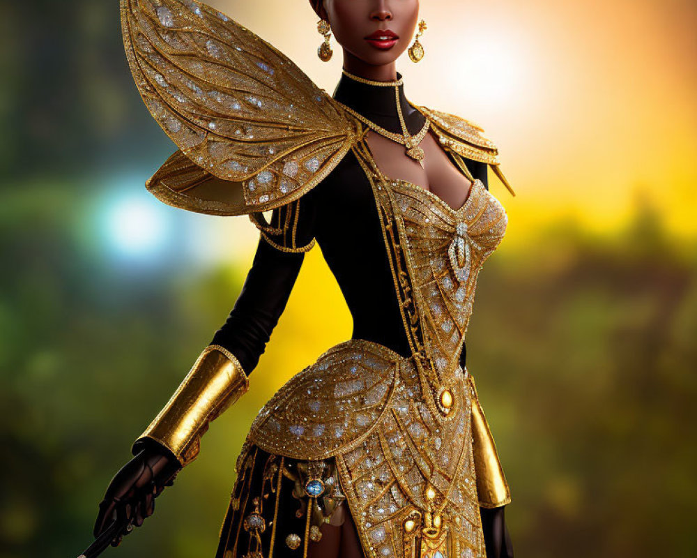 Digital Artwork: Woman with Golden Wings and Jewelry in Black and Gold Costume