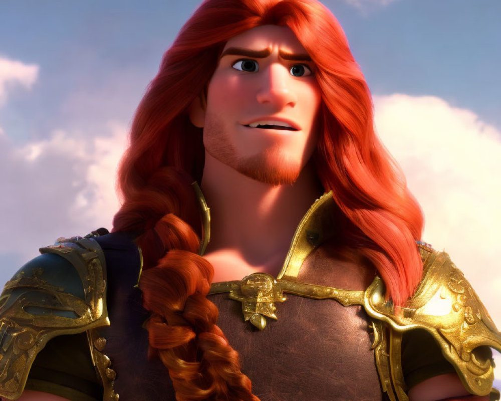 Male 3D animated character with long red braided hair in golden armor on cloudy sky backdrop