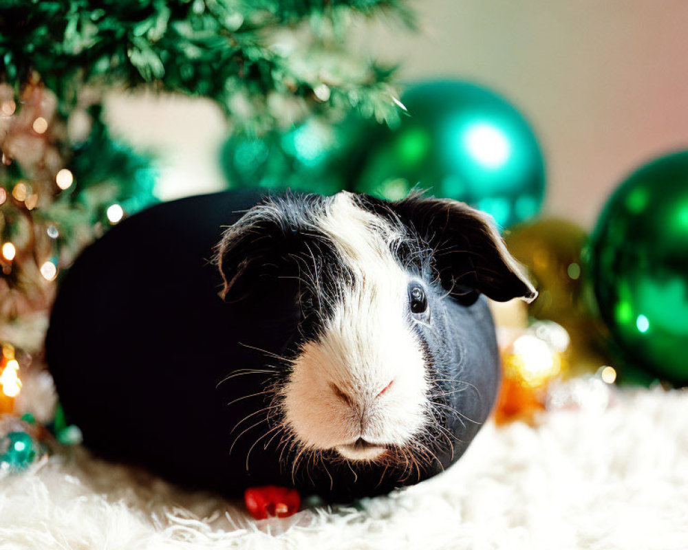 Black and White Guinea Pig under Christmas Tree with Ornaments and Lights