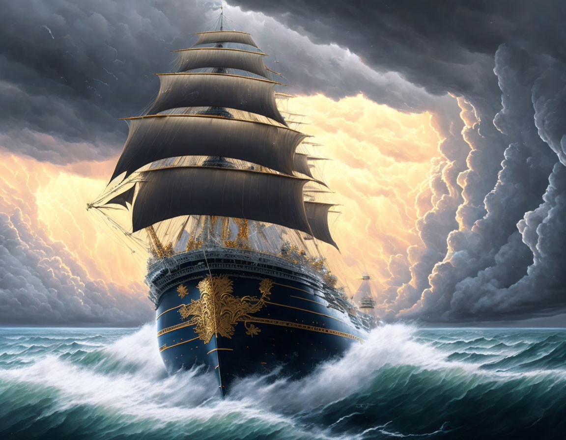 Sailing ship with full sails in stormy sea with lightning