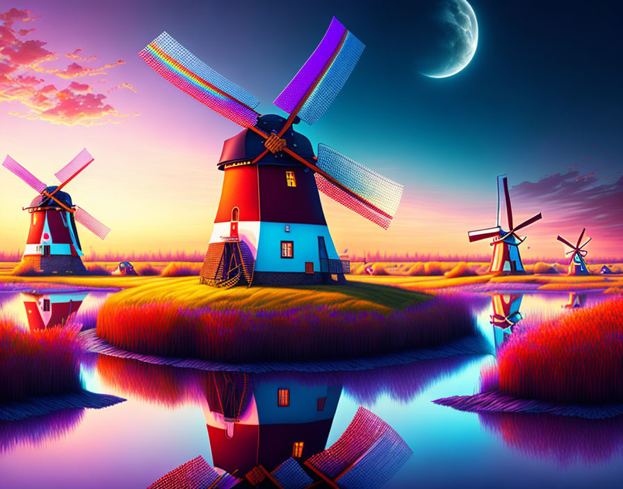 Colorful windmill art by water at twilight with crescent moon