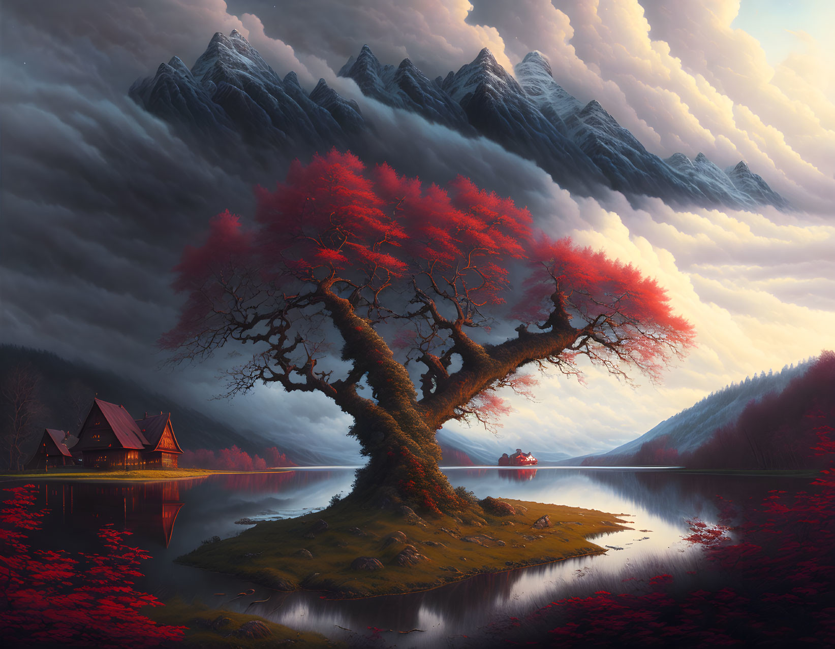 Vibrant red tree on islet in serene lake with mountains, reflective water, and quaint houses