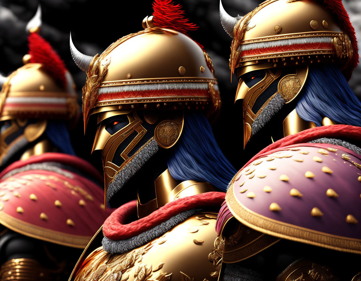 Three Spartan helmets with crimson plumes and golden adornments on black background