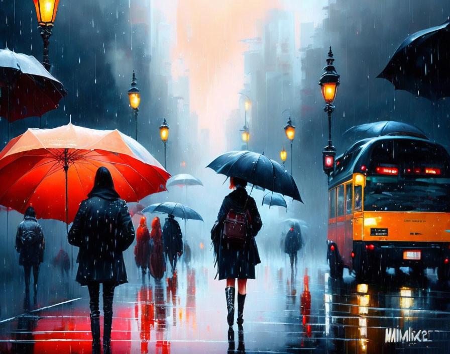 Urban street scene in rain: pedestrians with umbrellas, yellow bus, glowing street lamps