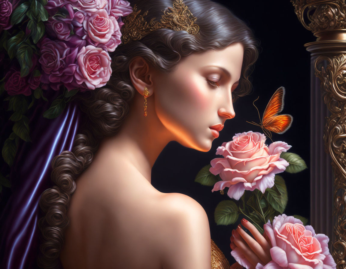 Portrait of woman with brown hair, gold tiara, roses, and butterfly