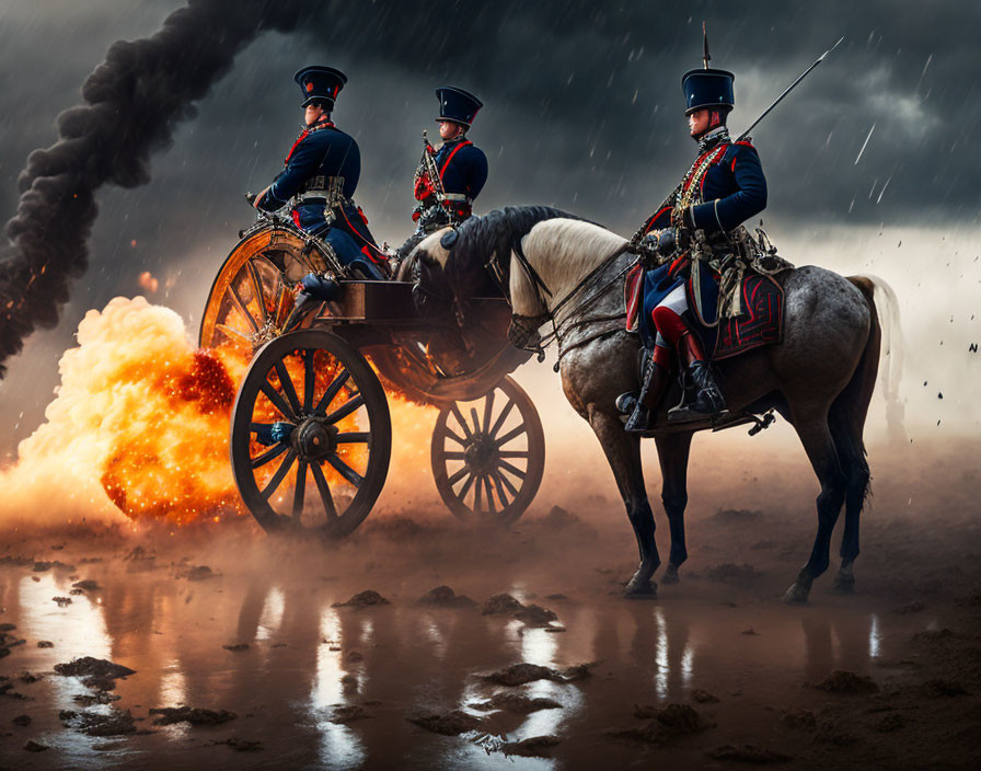 Soldiers on Horseback with Cannon Amid Explosive Sky