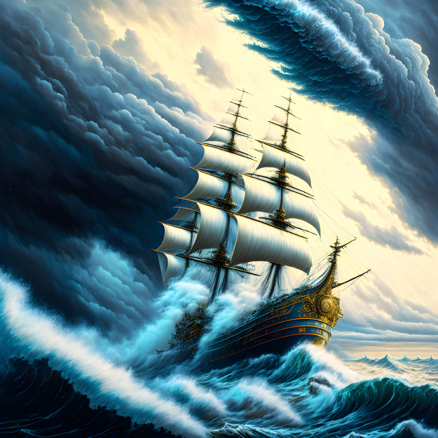 Majestic sailing ship on high seas with white sails and dark clouds