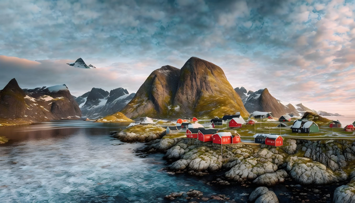 Scenic coastal village with red-roofed houses and mountains at sunset