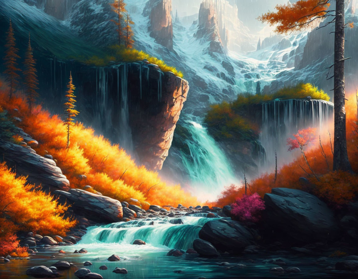 Scenic landscape with waterfalls, river, autumn trees, snowy mountains